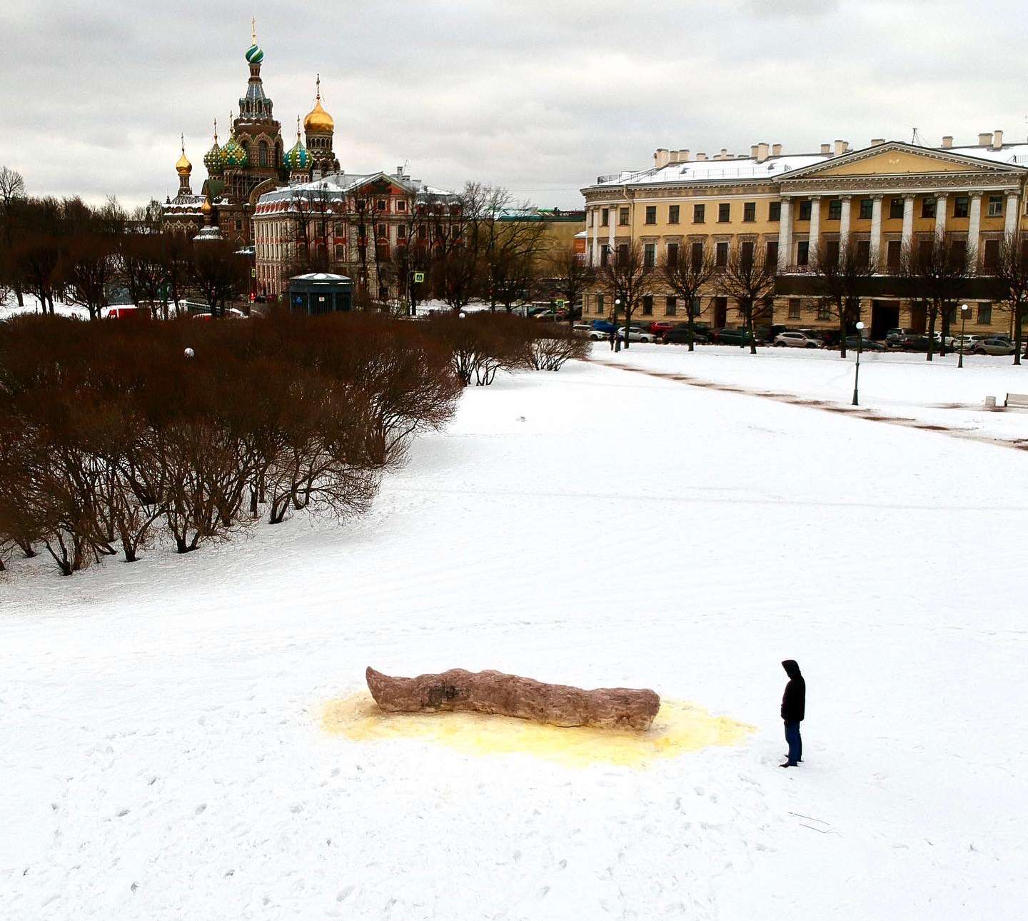 Snow sculpture on a river in Saint Petersburg