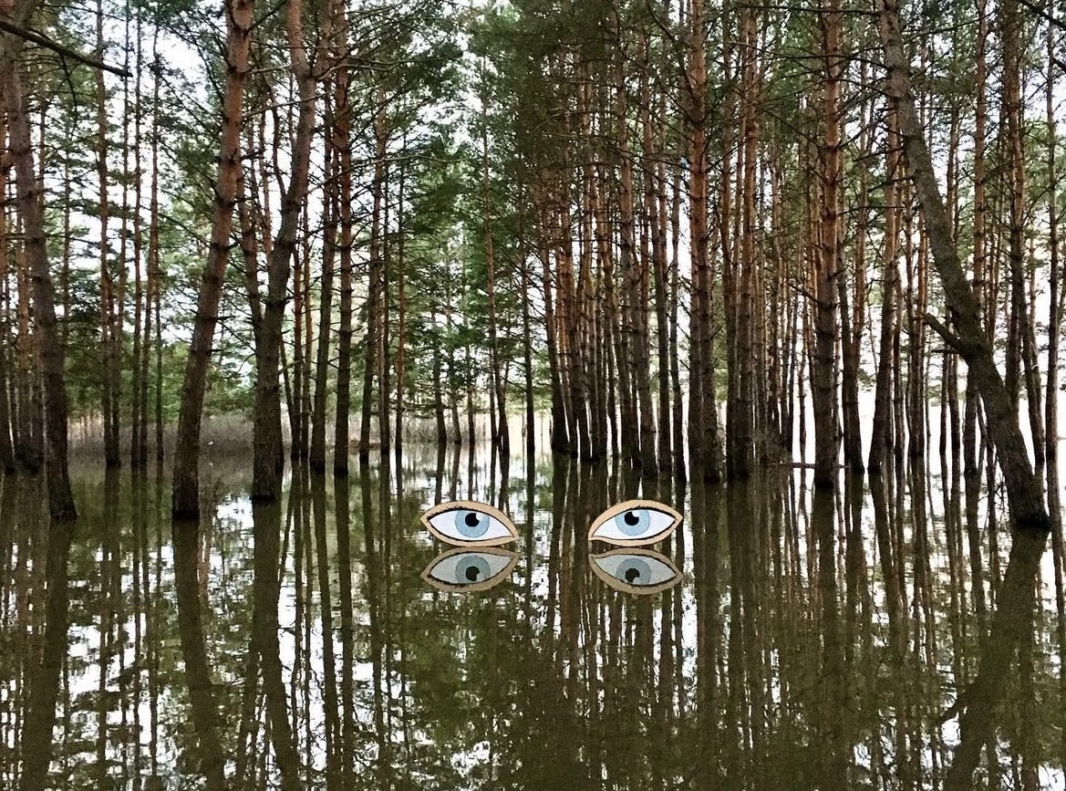 Snow sculptures in a flooded forest