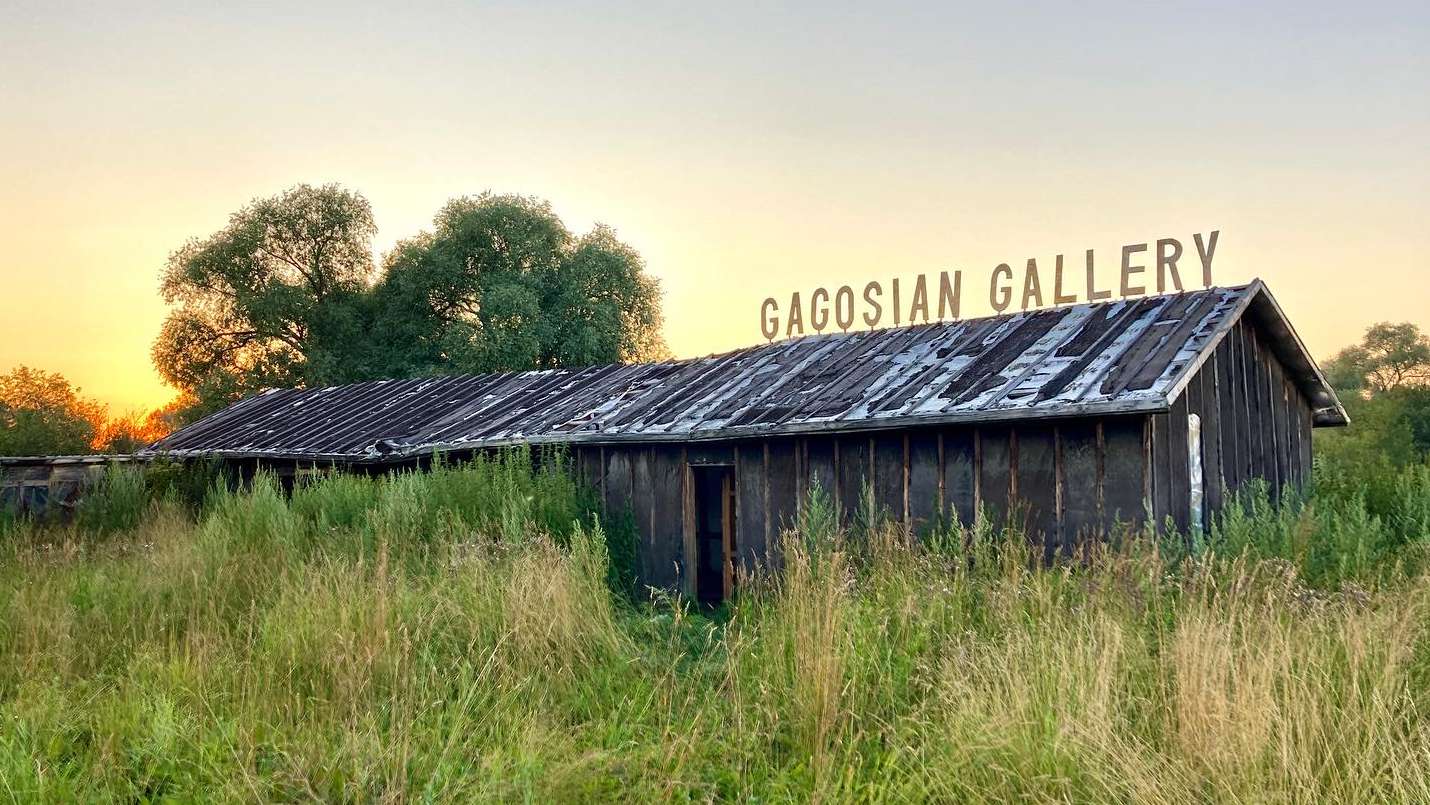 Gagosian Gallery sign on a rural building