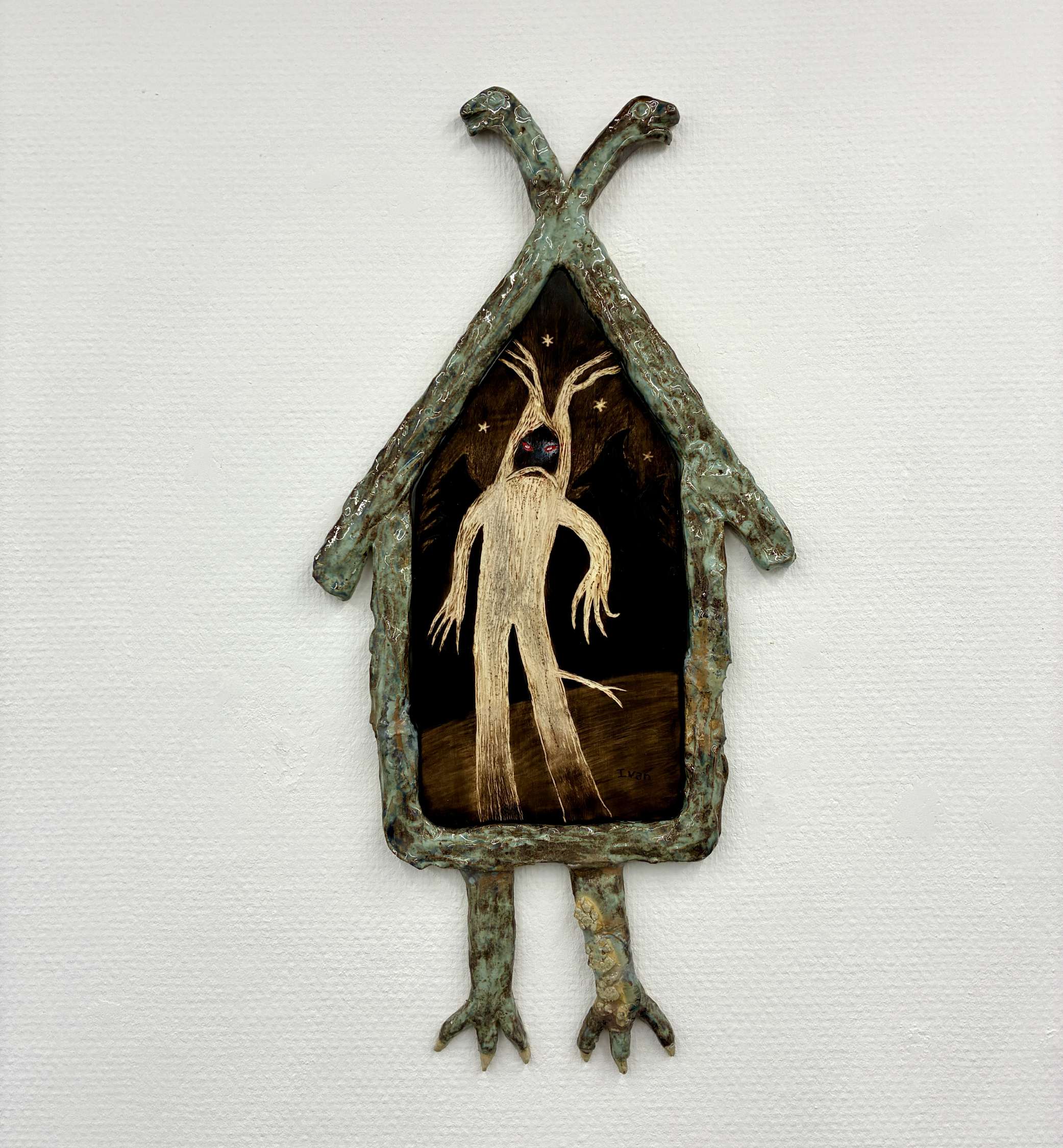 Leshy ceramic and wood sculpture