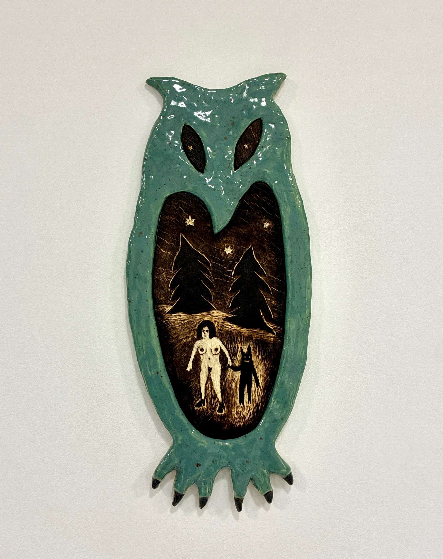 Owl ceramic and wood sculpture